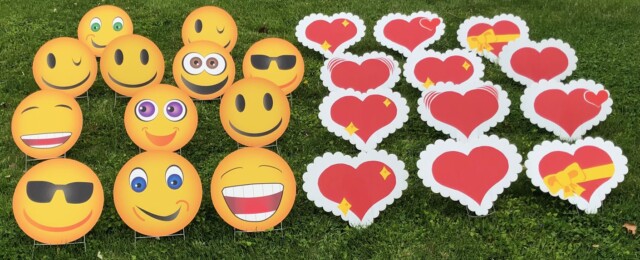 Yard Cards with emojis and red hearts