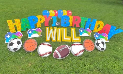 Yard Sign that reads "Happy 1st Birthday Will" done by Beckys Yard Cards